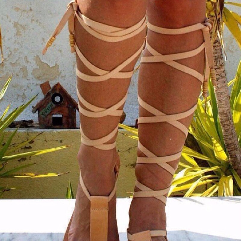 2022 New women gladiator knee high sandals open toe lace up cross strappy sandals flat with fashion sexy shoes women