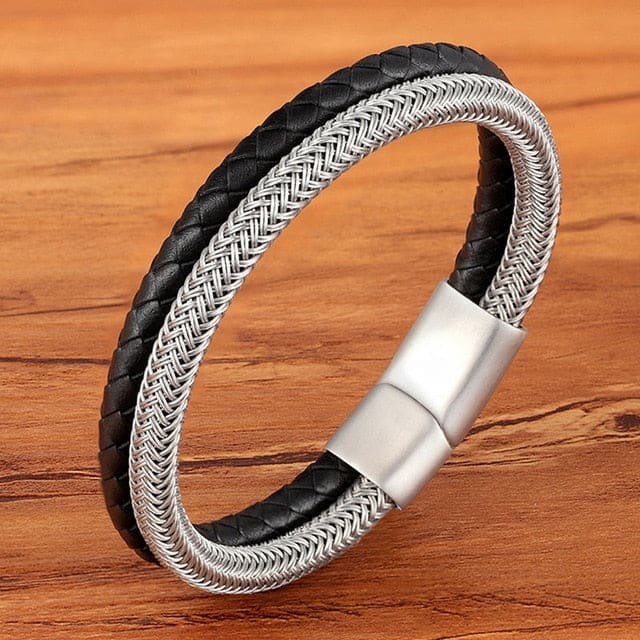 Men’s Genuine Leather Bracelet - BXXG1322Black-silver / 23cm