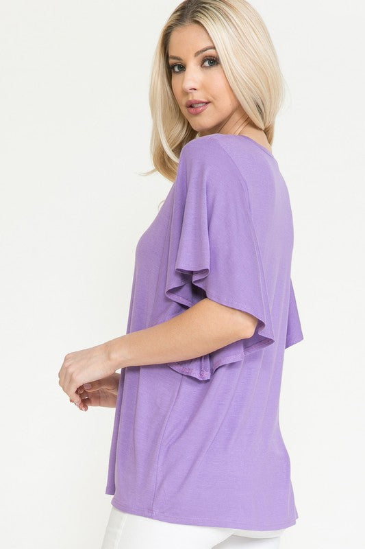 Plus Size Solid Short Butterfly Sleeve Round Neck Top