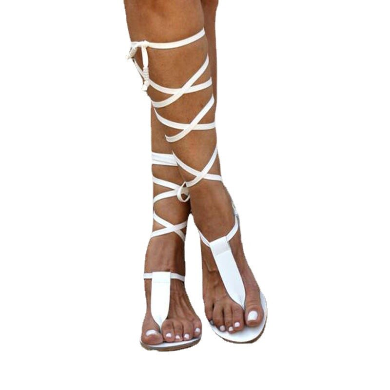 2022 New women gladiator knee high sandals open toe lace up cross strappy sandals flat with fashion sexy shoes women