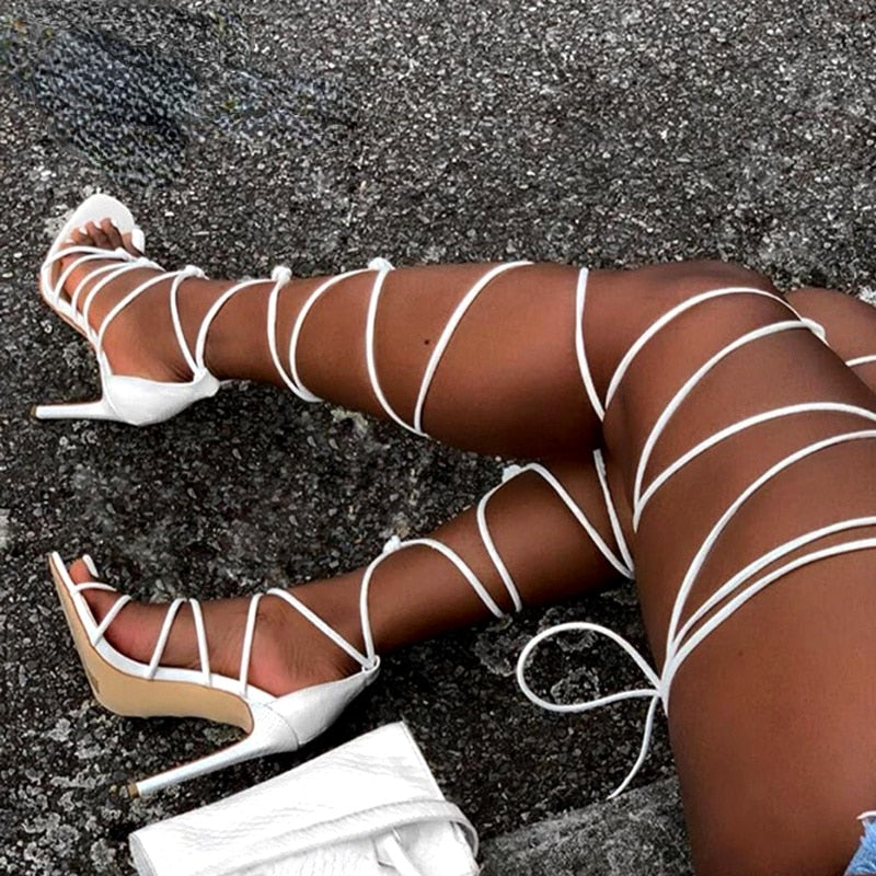 Knee High Lace Up Cross Strappy Sandals