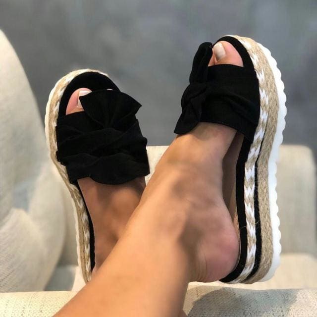 Bow Platform Sandals - Black / 37/US6.5