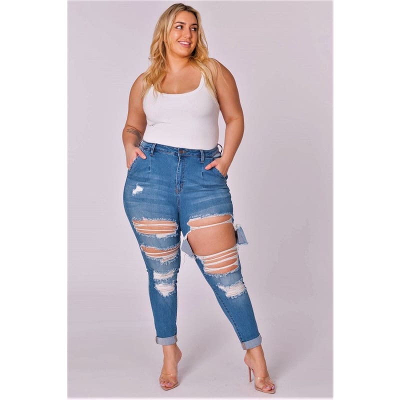 Curvy Distressed Mom Jeans - 1X / Medium Denim