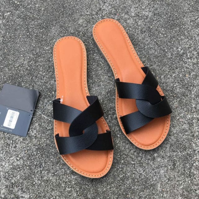 Faux Leather Slip-on Sandals - black / 7