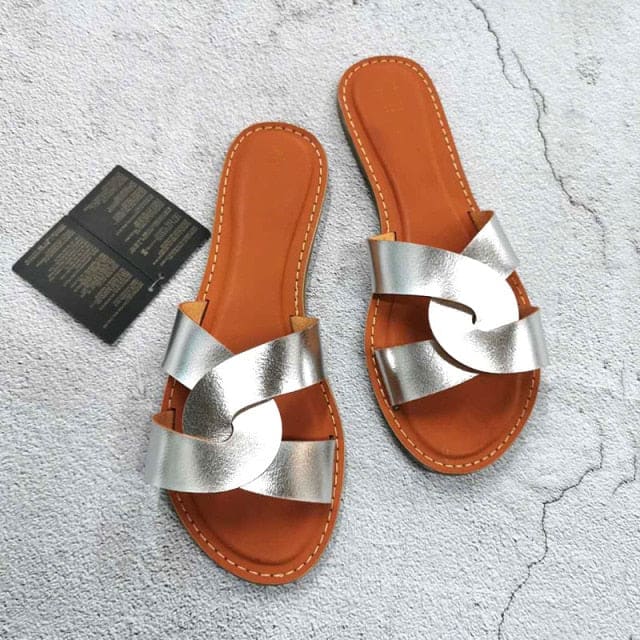 Faux Leather Slip-on Sandals - Silver / 11