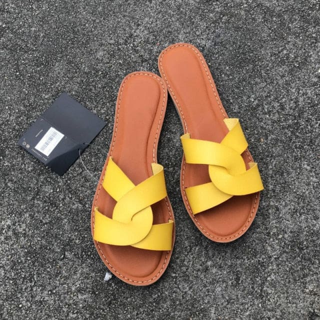 Faux Leather Slip-on Sandals - Yellow / 7
