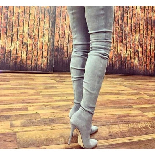 Faux Suede Thigh High Heels Boots