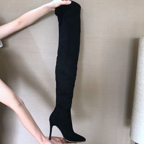 Faux Suede Thigh High Heels Boots - Black / 11