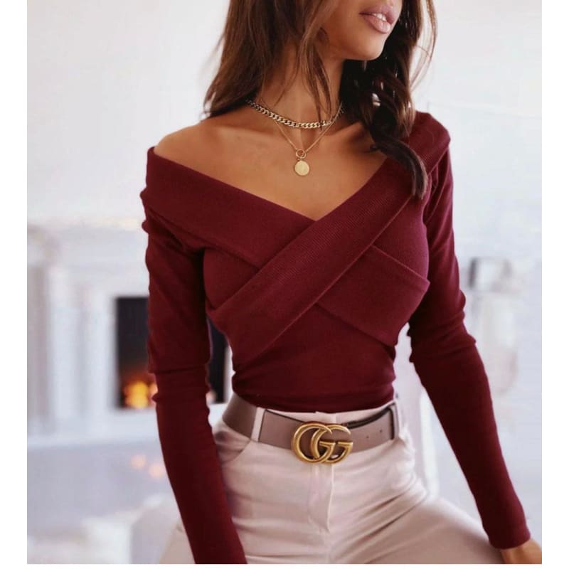 Fitted Off Shoulder Top - XXL / Burgundy