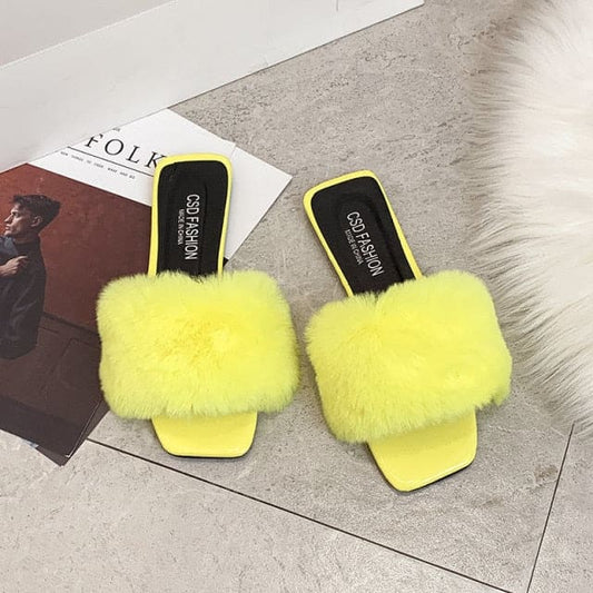 Fluffy Faux Fur Slides - Yellow / 7