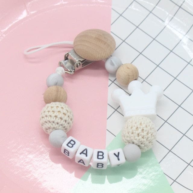 Handmade Personalized Pacifier Clip - Beige Crown