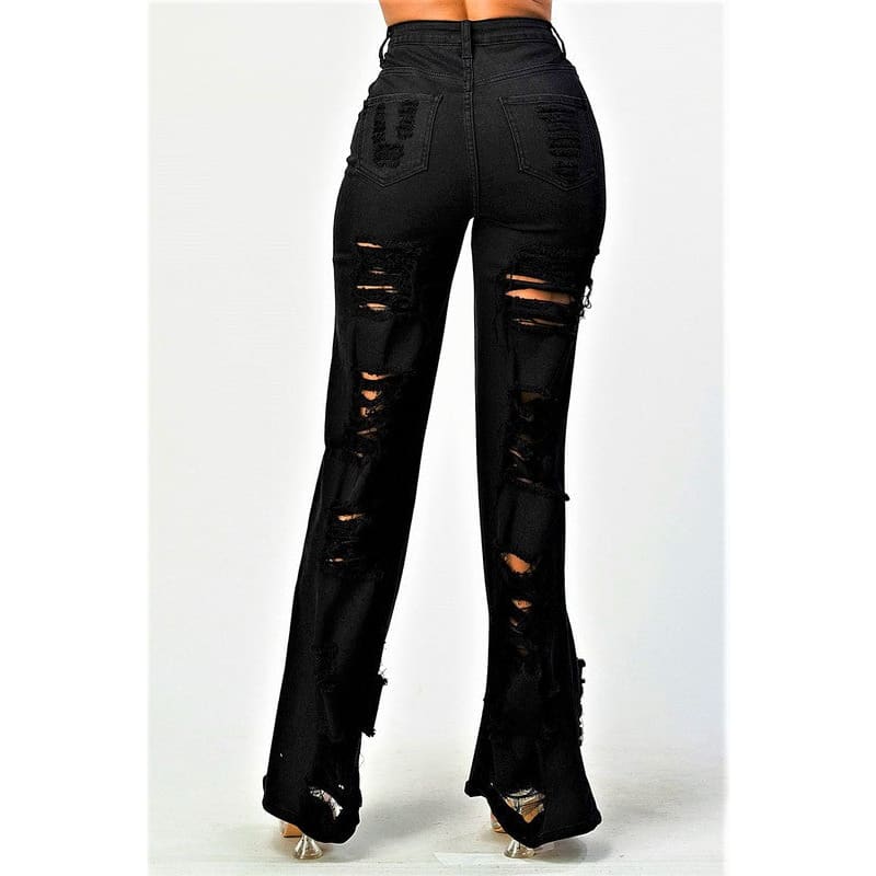 High Rise Wide Leg Distressed Black Flare Jeans