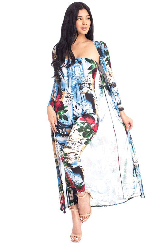 ABSTRACT PRINT JUMPSUIT AND LONG CARDIGAN SET
