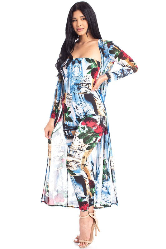 ABSTRACT PRINT JUMPSUIT AND LONG CARDIGAN SET