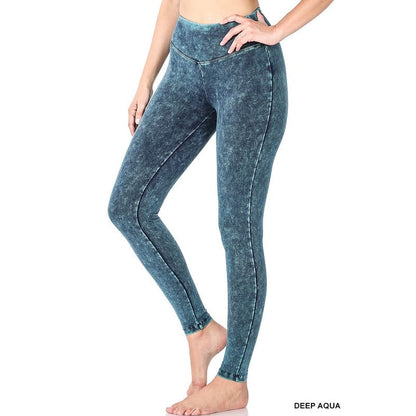 MINERAL WASHED WIDE WAISTBAND YOGA LEGGINGS - DEEP AQUA / L