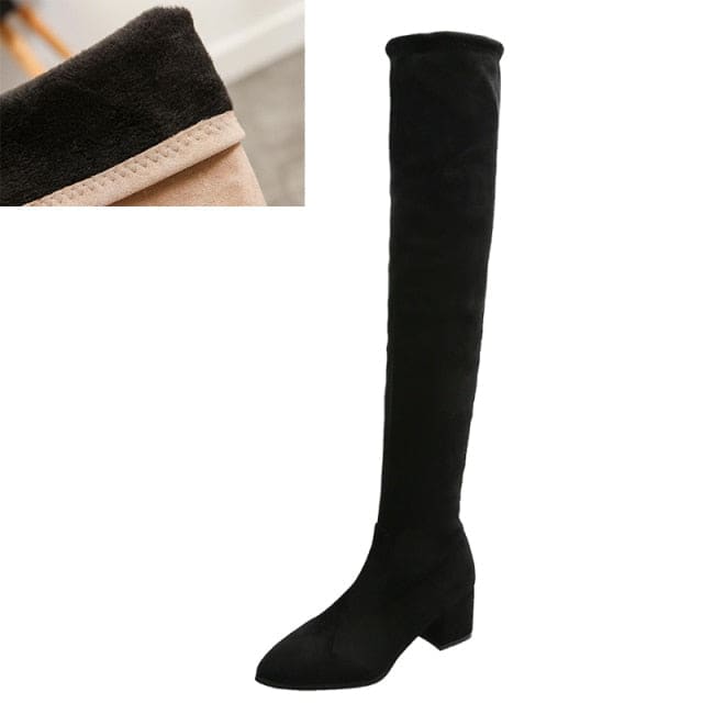 Women’s Faux Suede Over the Knee Boots - Plush Black / 6