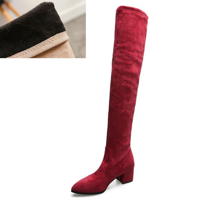 Women’s Faux Suede Over the Knee Boots - Plush Wine Red / 
