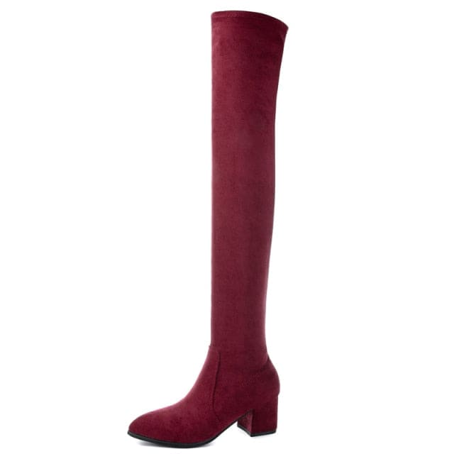 Women’s Faux Suede Over the Knee Boots - Wine Red / 6
